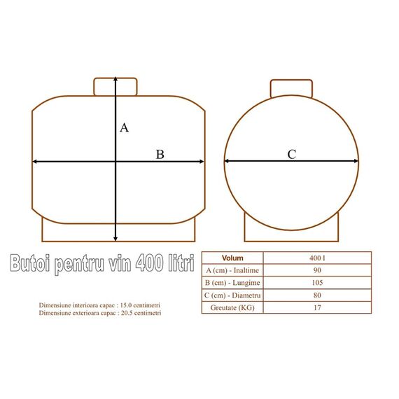 Butoi plastic alimentar, inchidere etansa, garnitura de cauciuc, capac filetat, canea pentru golire, aerisitor, 400 litri, 105 x 80 x 90 cm, maro, Capacitate: 400 l-poza 6-Dacenergy.ro