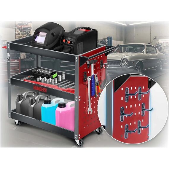 ​Carucior de scule pentru atelier Humberg, otel inoxidabil si aluminiu, 2 roti nepivotante si 2 roti rotative., 6 carlige practice, maner ergonomic pliabil, 300 kg, 80 x 35 x 73 cm-poza 9-Dacenergy.ro
