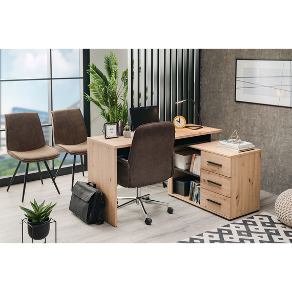 Birou DacEnergy©, realizat din PAL melaminat cu finisaj stejar artisan si negru, pe colt, 3 sertare, 3 rafturi, 137.5 x 75 x 101.5 cm-poza 4-Dacenergy.ro