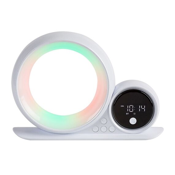 ​Veioza LED RGB, afisaj digital pentru ora, difuzor Bluetooth, lumina multicolora, 5 W, cablu USB, 280 x 70 x 200 mm, alb-Dacenergy.ro