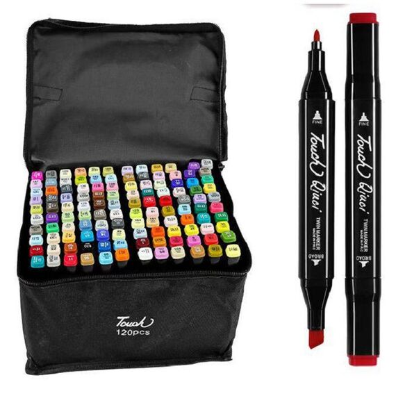 ​Set 120 markere duble DacEnergy©, cerneala pe baza de alcool, cu varf de 1 mm si 6 mm, cu geanta, nuante vibrante, intense, colorate, Numar bucati/set	: 120-Dacenergy.ro