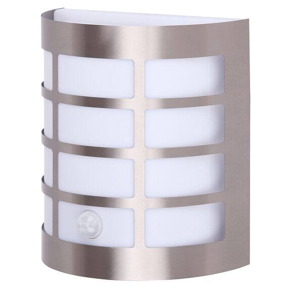 Aplica pentru exterior Rabalux, structura metalica, dispersor din plastic, cu senzor de miscare, dulie E27, 11W, IP44, crom si alb-Dacenergy.ro