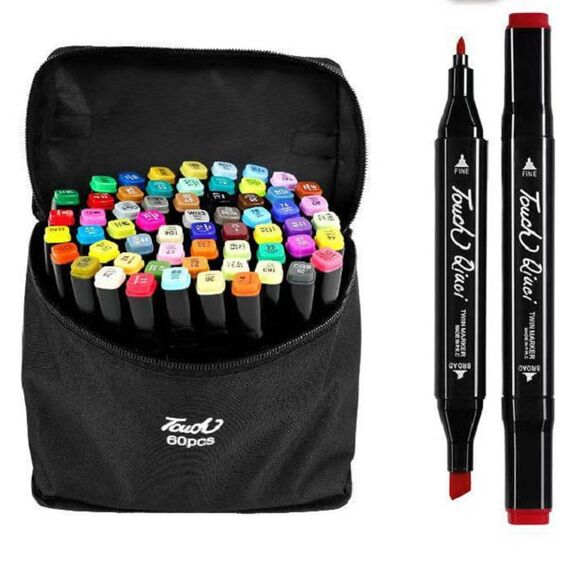 ​Set 60 markere duble DacEnergy©, cerneala pe baza de alcool, cu varf de 1 mm si 6 mm, cu geanta, nuante vibrante, intense, colorate, Numar bucati/set	: 60-Dacenergy.ro