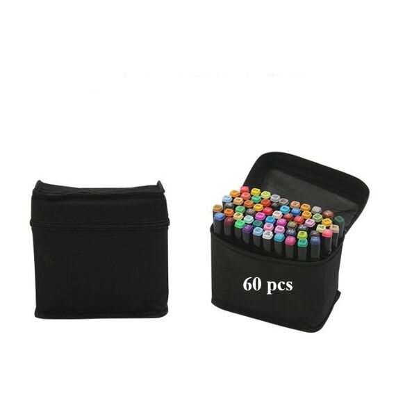 ​Set 60 markere duble DacEnergy©, cerneala pe baza de alcool, cu varf de 1 mm si 6 mm, cu geanta, nuante vibrante, intense, colorate, Numar bucati/set	: 60-poza 2-Dacenergy.ro