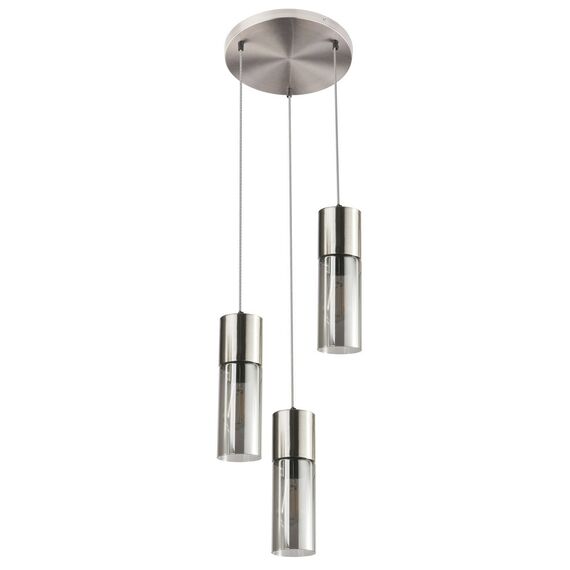 Suspensie Globo, structura metalica si abajururi din sticla, 3 surse cu dulii E27, 25 W, design modern, 300 x 1500 mm, nichel si fumuriu-poza 2-Dacenergy.ro