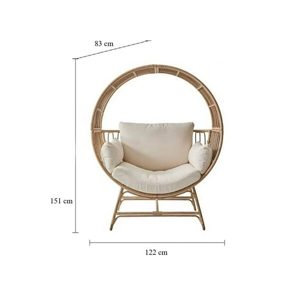 ​Scaun rotund din ratan sintetic DacEnergy©, tip ou supradimensionat, cadru din otel vopsit in camp electrostatic, cu perna moale si 2 perne laterale, design boem, 122 x 151 x 83 cm, bej-poza 3-Dacenergy.ro