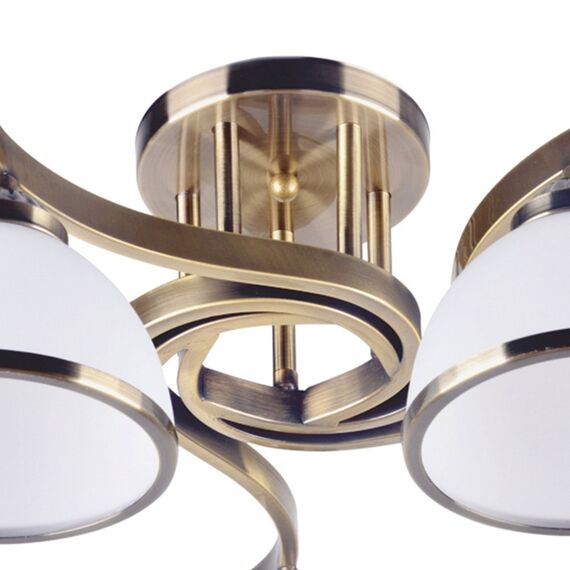 Lustra Klausen, structura metalica, abajururi din sticla, decorate cu inele din metal, 5 surse cu soclu E27, 40W, bronz si alb-poza 3-Dacenergy.ro