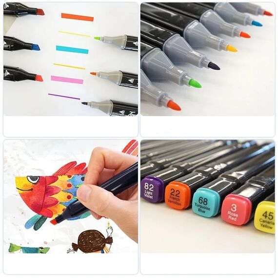 ​Set 60 markere duble DacEnergy©, cerneala pe baza de alcool, cu varf de 1 mm si 6 mm, cu geanta, nuante vibrante, intense, colorate, Numar bucati/set	: 60-poza 8-Dacenergy.ro