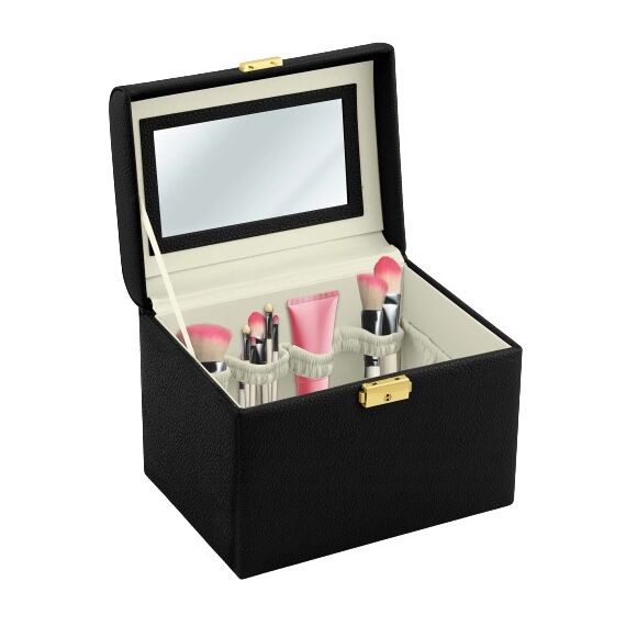 Geanta organizatoare cosmetice DacEnergy©, piele ecologica, rezistent la abraziune, cu cheie, oglinda, compartimente practice, 22,5x 16,5 x 17,2 cm, neagra-Dacenergy.ro
