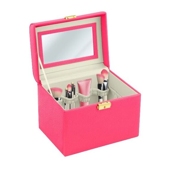 Geanta organizatoare cosmetice DacEnergy©, piele ecologica, rezistent la abraziune, cu cheie, oglinda, compartimente practice, 22,5x 16,5 x 17,2 cm, roz-Dacenergy.ro