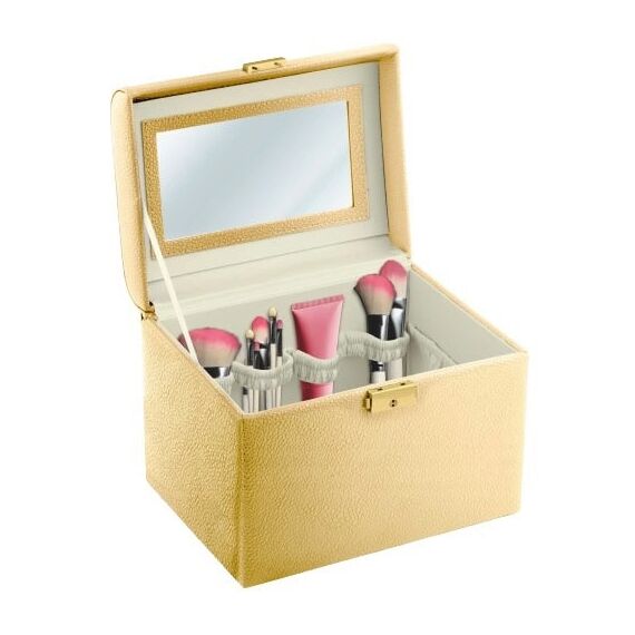 Geanta organizatoare cosmetice DacEnergy©, piele ecologica, rezistent la abraziune, cu cheie, oglinda, compartimente practice, 22,5x 16,5 x 17,2 cm, auriu ​-Dacenergy.ro