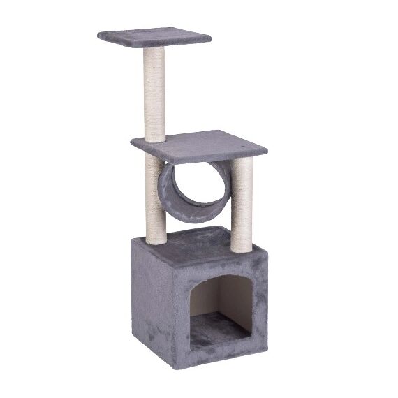 Ansamblu de joaca pentru pisici DacEnergy©, snur puternic pe stalp, 3 stalpi, 2 platforme, o casa, 93 cm, gri deschis-Dacenergy.ro