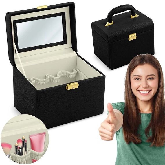 Geanta organizatoare cosmetice DacEnergy©, piele ecologica, rezistent la abraziune, cu cheie, oglinda, compartimente practice, 22,5x 16,5 x 17,2 cm, neagra-poza 2-Dacenergy.ro