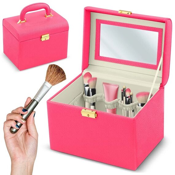 Geanta organizatoare cosmetice DacEnergy©, piele ecologica, rezistent la abraziune, cu cheie, oglinda, compartimente practice, 22,5x 16,5 x 17,2 cm, roz-poza 2-Dacenergy.ro