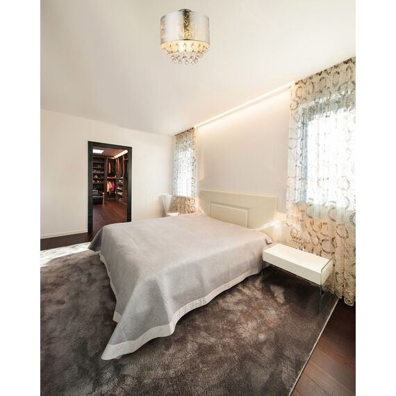 Plafoniera Globo, structura metalica, abajur textil, decorat cu cristale acrilice transparente, sursa cu soclu E27, 60W, design atragator, argintiu-poza 2-Dacenergy.ro