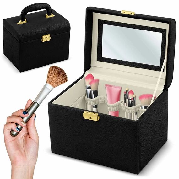 Geanta organizatoare cosmetice DacEnergy©, piele ecologica, rezistent la abraziune, cu cheie, oglinda, compartimente practice, 22,5x 16,5 x 17,2 cm, neagra-poza 3-Dacenergy.ro