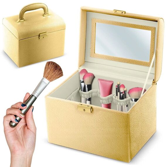 Geanta organizatoare cosmetice DacEnergy©, piele ecologica, rezistent la abraziune, cu cheie, oglinda, compartimente practice, 22,5x 16,5 x 17,2 cm, auriu ​-poza 3-Dacenergy.ro