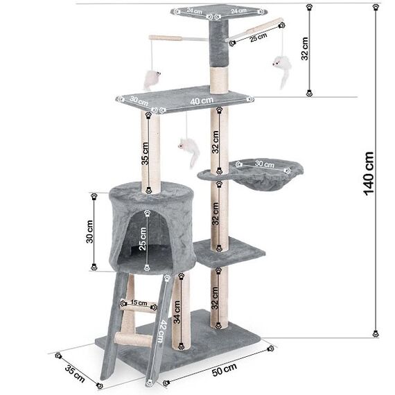 Ansamblu de joaca pentru pisici DacEnergy, 7 stalpi acoperiti cu franghie puternica de sisal, 4 platforme, o casa mare, trei soareci agatati, inaltimea 140 cm, gri si bej-poza 3-Dacenergy.ro