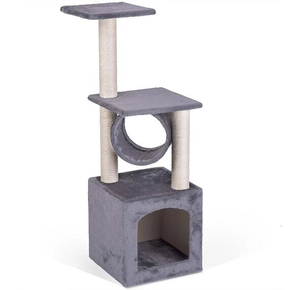 Ansamblu de joaca pentru pisici DacEnergy©, snur puternic pe stalp, 3 stalpi, 2 platforme, o casa, 93 cm, gri deschis-poza 3-Dacenergy.ro