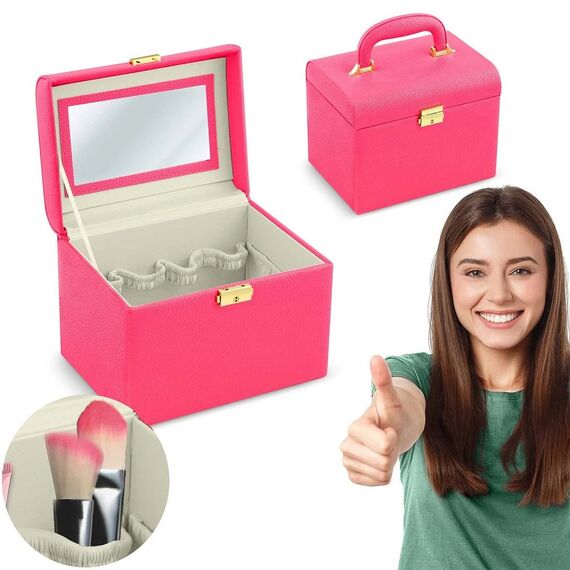 Geanta organizatoare cosmetice DacEnergy©, piele ecologica, rezistent la abraziune, cu cheie, oglinda, compartimente practice, 22,5x 16,5 x 17,2 cm, roz-poza 4-Dacenergy.ro
