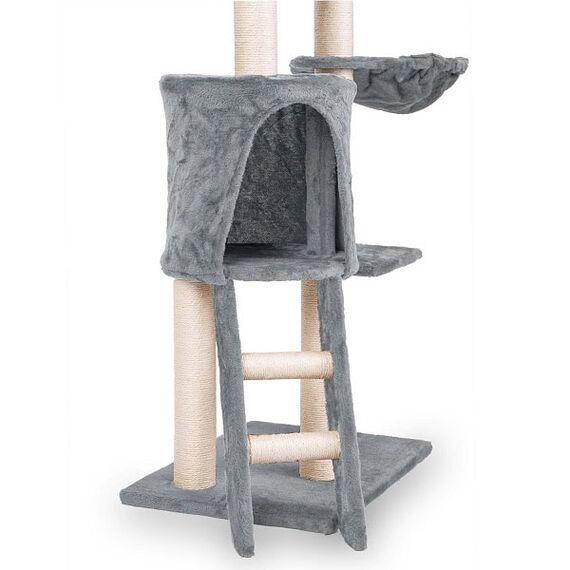 Ansamblu de joaca pentru pisici DacEnergy, 7 stalpi acoperiti cu franghie puternica de sisal, 4 platforme, o casa mare, trei soareci agatati, inaltimea 140 cm, gri si bej-poza 4-Dacenergy.ro