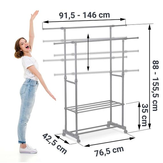 ​Suport mobil pentru haine DacEnergy©, cu roti, usor, incapator si stabil, spatiu pentru incaltaminte, inaltime reglabila, 2 rafturi pentru pantofi, 155.5 x42.5 x76.5 cm, negru-poza 4-Dacenergy.ro