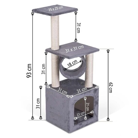 Ansamblu de joaca pentru pisici DacEnergy©, snur puternic pe stalp, 3 stalpi, 2 platforme, o casa, 93 cm, gri deschis-poza 4-Dacenergy.ro