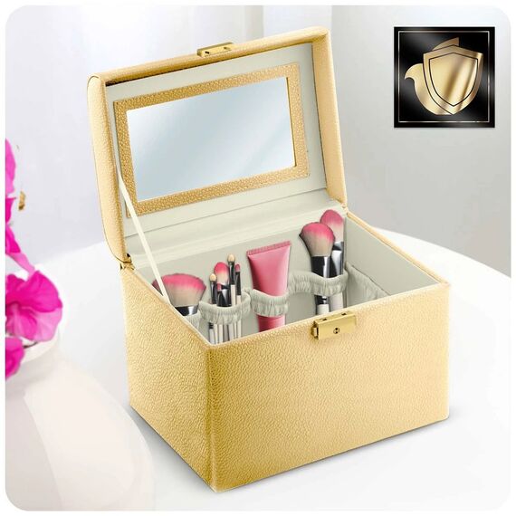 Geanta organizatoare cosmetice DacEnergy©, piele ecologica, rezistent la abraziune, cu cheie, oglinda, compartimente practice, 22,5x 16,5 x 17,2 cm, auriu ​-poza 5-Dacenergy.ro