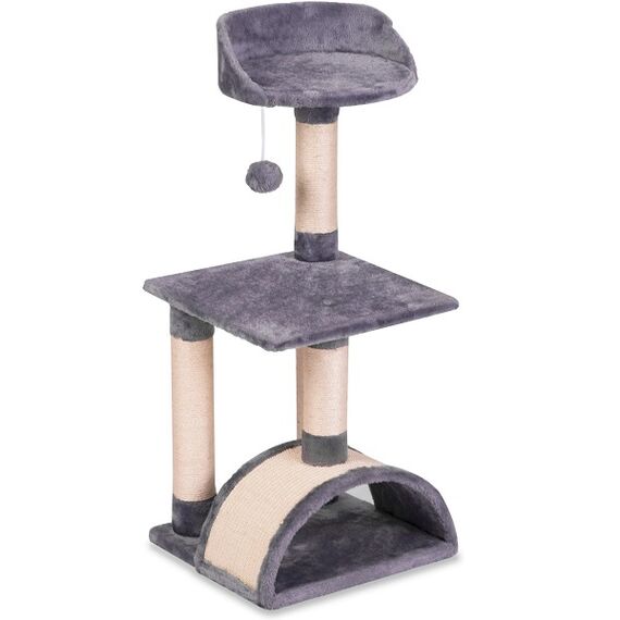 Ansamblu de joaca pentru pisici DacEnergy©, constructia solida, 4 stalpi acoperiti cu franghie puternica de sisal, 2 platforme, un tunel mare, un pompon agatat, inaltime 83 cm, gri si crem-poza 5-Dacenergy.ro
