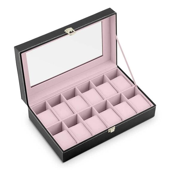 Cutie de ceasuri DacEnergy©, material din piele ecologica, 33 cm x 20,5 cm x 9 cm, 12 compartimente pentru cesuri, elegant, negru si sonom-poza 6-Dacenergy.ro