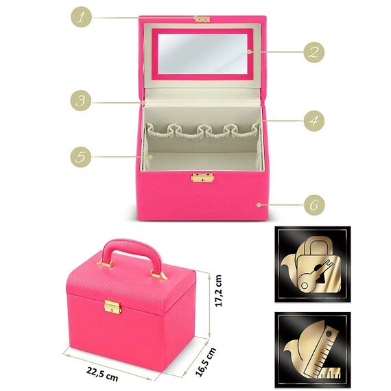 Geanta organizatoare cosmetice DacEnergy©, piele ecologica, rezistent la abraziune, cu cheie, oglinda, compartimente practice, 22,5x 16,5 x 17,2 cm, roz-poza 6-Dacenergy.ro