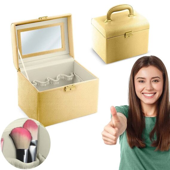 Geanta organizatoare cosmetice DacEnergy©, piele ecologica, rezistent la abraziune, cu cheie, oglinda, compartimente practice, 22,5x 16,5 x 17,2 cm, auriu ​-poza 6-Dacenergy.ro