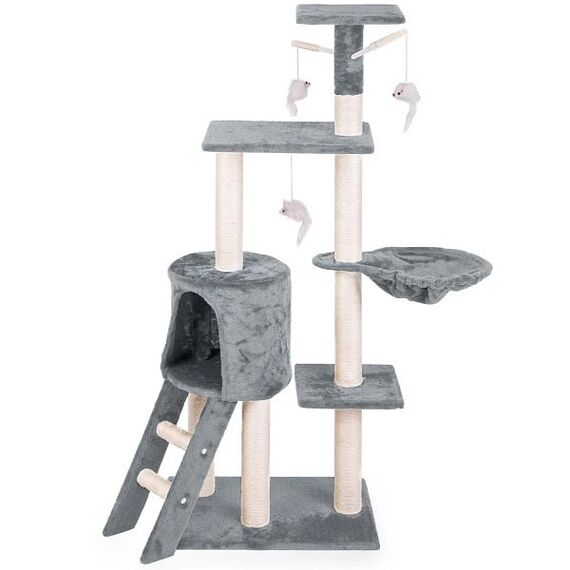 Ansamblu de joaca pentru pisici DacEnergy, 7 stalpi acoperiti cu franghie puternica de sisal, 4 platforme, o casa mare, trei soareci agatati, inaltimea 140 cm, gri si bej-poza 6-Dacenergy.ro