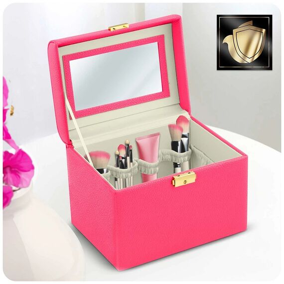 Geanta organizatoare cosmetice DacEnergy©, piele ecologica, rezistent la abraziune, cu cheie, oglinda, compartimente practice, 22,5x 16,5 x 17,2 cm, roz-poza 7-Dacenergy.ro
