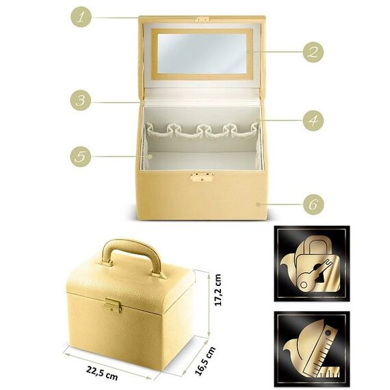 Geanta organizatoare cosmetice DacEnergy©, piele ecologica, rezistent la abraziune, cu cheie, oglinda, compartimente practice, 22,5x 16,5 x 17,2 cm, auriu ​-poza 7-Dacenergy.ro