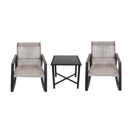 Set masa patrata pentru gradina DacEnergy©, structura metalica, blat de sticla, 2 scaune balansoar, cu spatar si brate, 51 x 51 cm-Dacenergy.ro