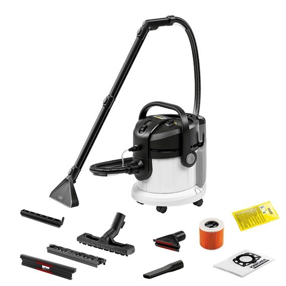 Aspirator Karcher, pentru aspirarea cu spray-extractie, umeda si uscata, filtru tip cartus, filtrare prin apa, cu sac, 4 litri, 220-240 V, 1000 W, 9 accesorii, maner de transport, alb-Dacenergy.ro