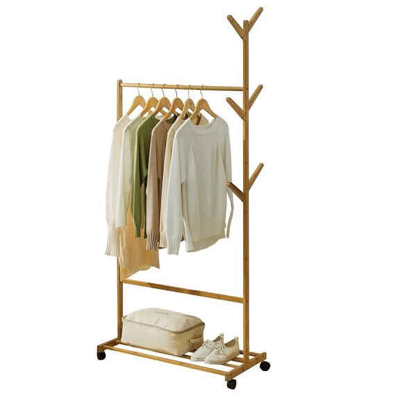 Cuier DacEnergy©, realizat din bambus, mobil cu roti, bara de umerase, raft inferior, sase carlige, 80x174x35 cm, finisaj natural-Dacenergy.ro