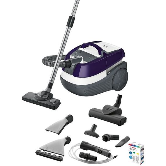 Aspirator cu aspirare uscata si umeda, cu spalare, capacitate rezervor apa 5 l, filtru EPA, tup telescopic metalic, 3 accesorii mici, 1700 W, alb si mov-Dacenergy.ro