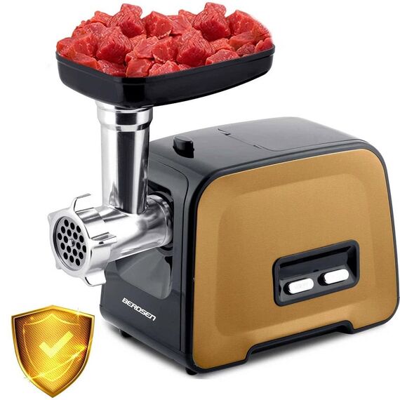 Masina de tocat carne electrica, melc din otel puternic, 3 site, 4 accesorii de taiere diferite, functia de revers, atasament kebbe, 450 W/1200 W, 230 V, neagra si maro-poza 3-Dacenergy.ro