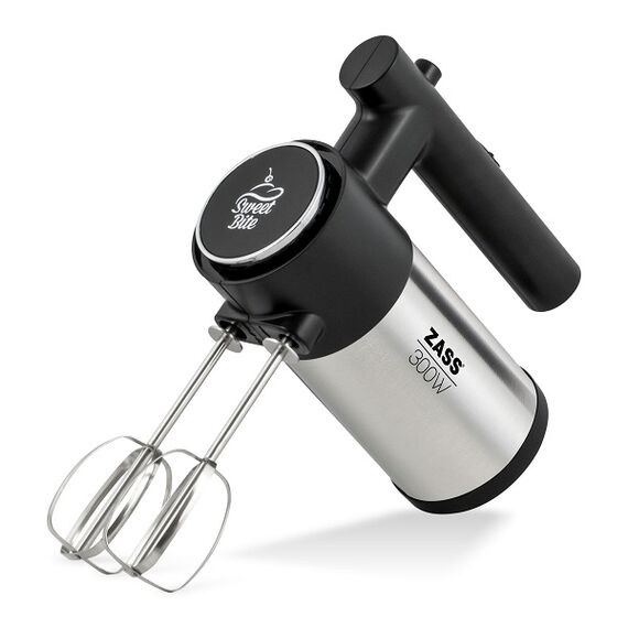 Mixer de mana Zass, 300 W, 2 teluri, 2 carlige, 5 trepte de viteza, buton de eject cu sistem de siguranta, negru si argintiu-Dacenergy.ro