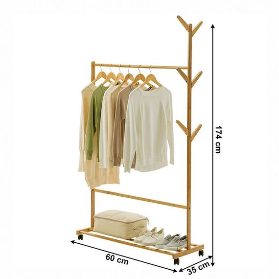 Cuier DacEnergy©, realizat din bambus, mobil cu roti, bara de umerase, raft inferior, sase carlige, 60x180x37 cm, finisaj natural-poza 4-Dacenergy.ro
