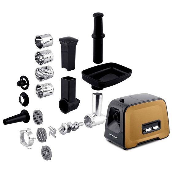 Masina de tocat carne electrica, melc din otel puternic, 3 site, 4 accesorii de taiere diferite, functia de revers, atasament kebbe, 450 W/1200 W, 230 V, neagra si maro-poza 5-Dacenergy.ro
