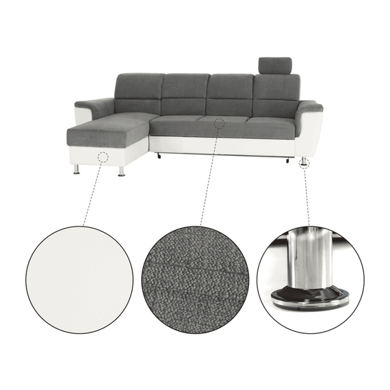 Colţar mic, piele ecologică alb/material textil gri, model stânga, SANTIAGO-poza 3-Dacenergy.ro