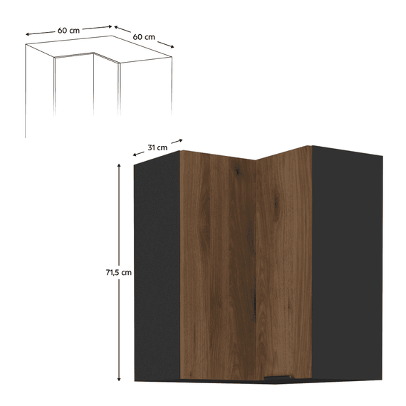 Dulap de colţ superior, nuc okapi/negru, MENZO 60x60 GN-72 2F-poza 4-Dacenergy.ro