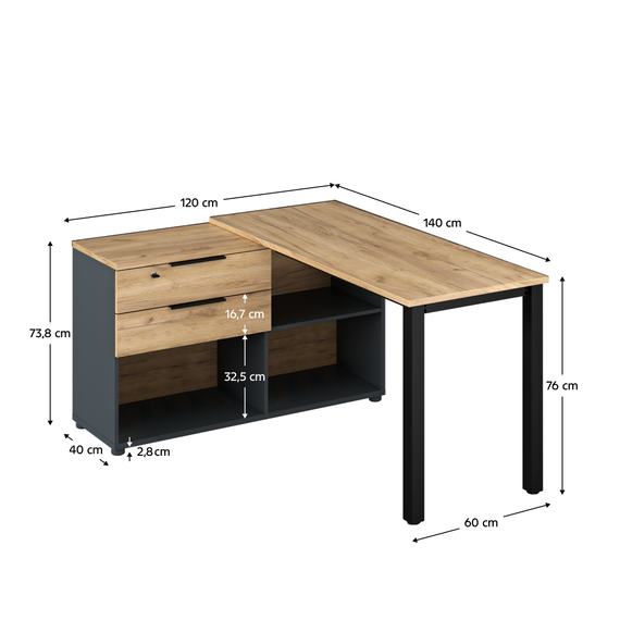 Birou de colţ pentru PC, grafit/stejar artisan, KLAUDIUS TIP 8-poza 4-Dacenergy.ro