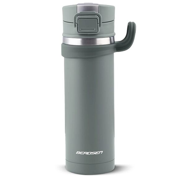 Termos, fabricat din otel inoxidabil, cu maner, forma ergonomica, pastreaza temperatura pana la 12 ore calda sau rece, capacitate 450 ml, gri si argintiu-Dacenergy.ro