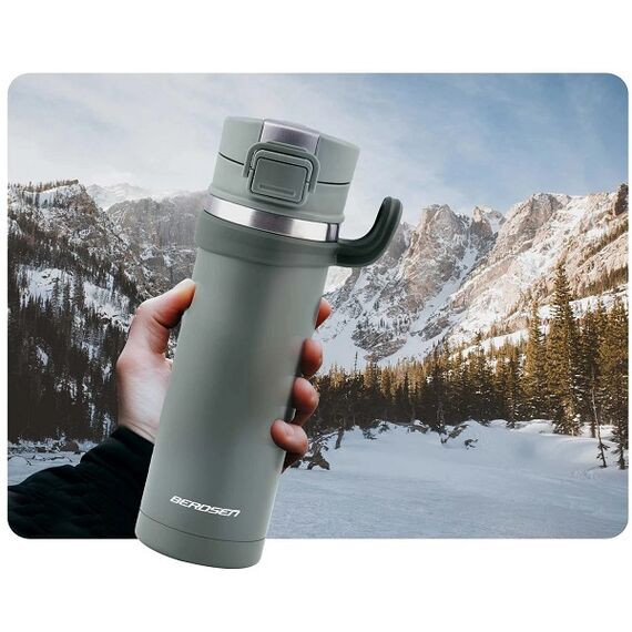 Termos, fabricat din otel inoxidabil, cu maner, forma ergonomica, pastreaza temperatura pana la 12 ore calda sau rece, capacitate 450 ml, gri si argintiu-poza 3-Dacenergy.ro