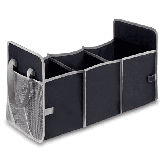 Organizator auto pentru portbagaj DacEnergy©, poliester 600D, 3 compartimente, buzunar exterior din plasa, pliabil, 60 x 26 x 32 cm, negru-Dacenergy.ro