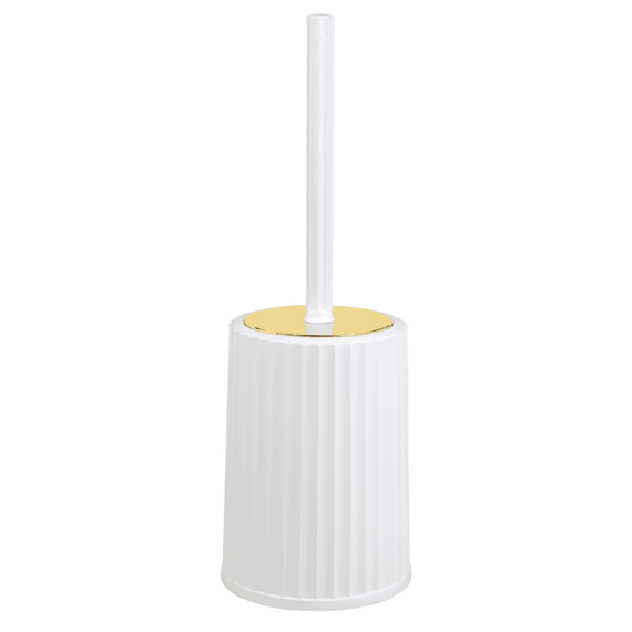 Set accesorii baie, realizat din plastic, cos gunoi, perie WC, dozator sapun lichid, pahar baie pentru igiena personala si sapuniera, culoarea alb si auriu-poza 2-Dacenergy.ro